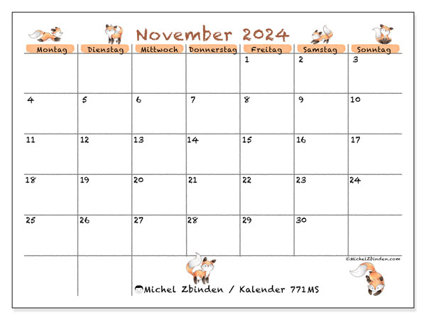Kalender November 2024, 771MS. Programm zum Ausdrucken kostenlos.