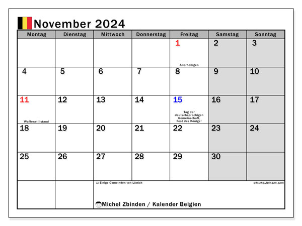 Kalender November 2024, Belgien. Kalender zum Ausdrucken kostenlos.