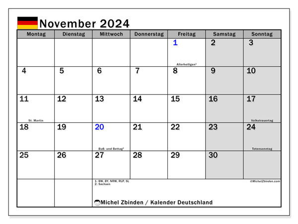 Calendario novembre 2024, Germania (DE). Piano da stampare gratuito.
