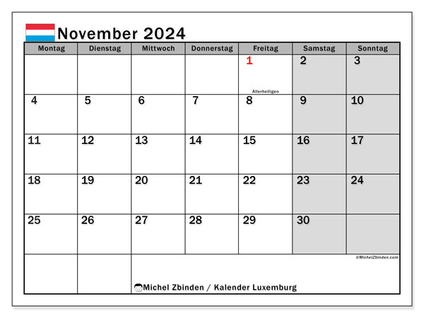 Calendario novembre 2024, Lussemburgo (DE). Piano da stampare gratuito.