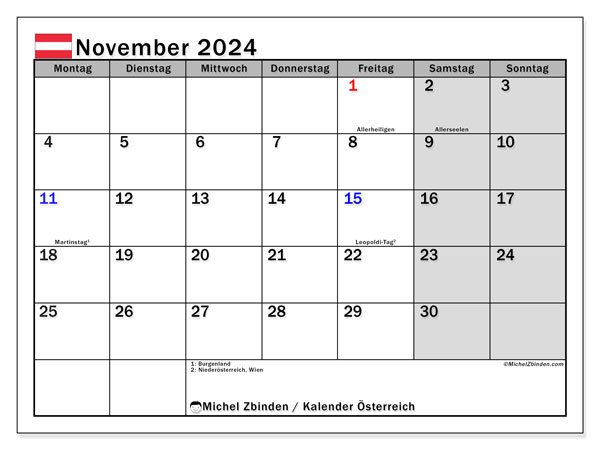 Kalender November 2024, Österreich. Kalender zum Ausdrucken kostenlos.