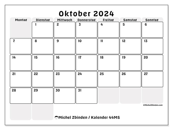 Kalender Oktober 2024, 44SS. Programm zum Ausdrucken kostenlos.
