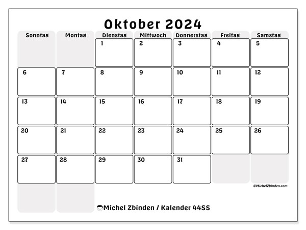 Kalender Oktober 2024, 44SS. Programm zum Ausdrucken kostenlos.