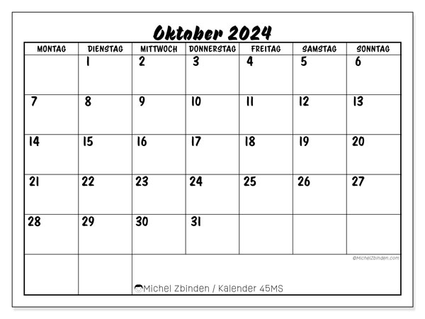 Kalender Oktober 2024, 45SS. Programm zum Ausdrucken kostenlos.