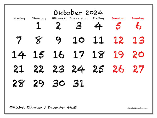 Kalender Oktober 2024, 46MS. Programm zum Ausdrucken kostenlos.