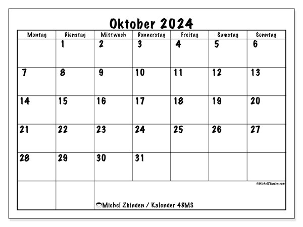 Kalender Oktober 2024, 48MS. Programm zum Ausdrucken kostenlos.