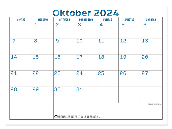 Kalender Oktober 2024, 49SS. Programm zum Ausdrucken kostenlos.