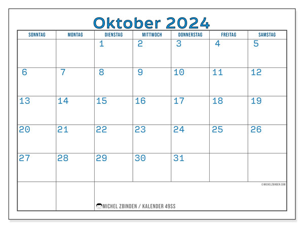 Kalender Oktober 2024, 49SS. Programm zum Ausdrucken kostenlos.