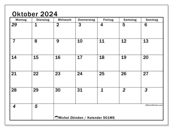 Kalender zum Ausdrucken, Oktober 2024, 501MS