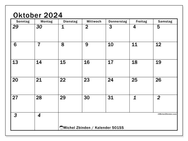 Kalender Oktober 2024, 501SS. Programm zum Ausdrucken kostenlos.