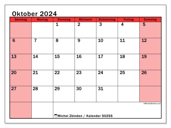 Kalender Oktober 2024, 502SS. Programm zum Ausdrucken kostenlos.