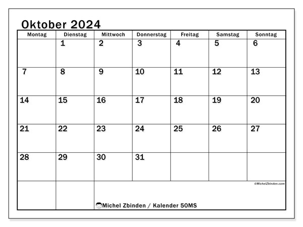 Kalender Oktober 2024, 50MS. Programm zum Ausdrucken kostenlos.