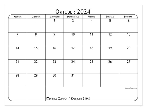 Kalender Oktober 2024, 51MS. Programm zum Ausdrucken kostenlos.