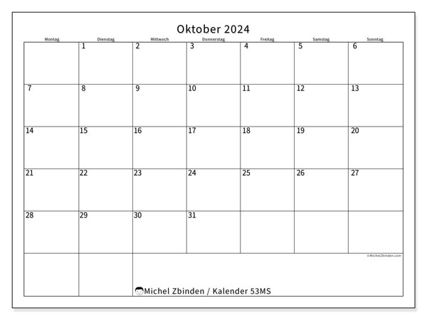 Kalender Oktober 2024, 53MS. Programm zum Ausdrucken kostenlos.