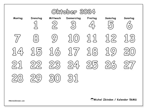 Kalender Oktober 2024, 56MS. Programm zum Ausdrucken kostenlos.