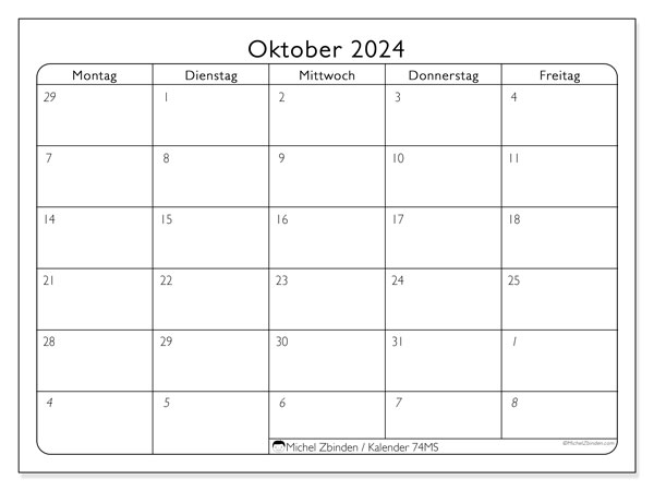 Kalender Oktober 2024, 74SS. Programm zum Ausdrucken kostenlos.