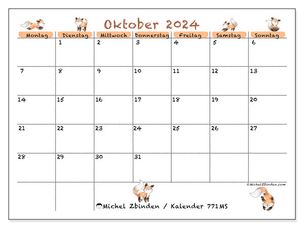 Kalender Oktober 2024, 771MS. Programm zum Ausdrucken kostenlos.