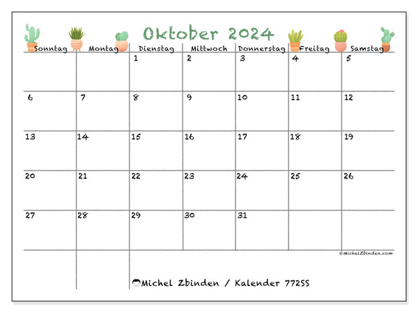 Kalender Oktober 2024, 772SS. Programm zum Ausdrucken kostenlos.
