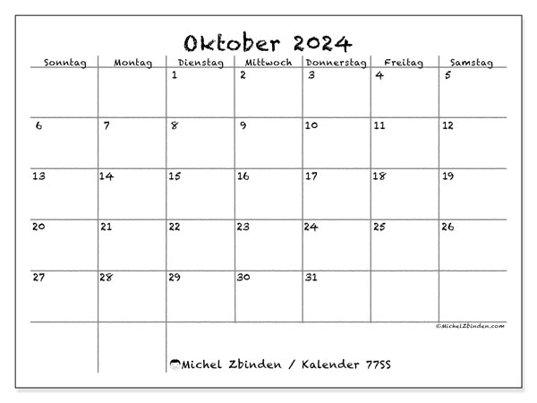 Kalender Oktober 2024, 77SS. Programm zum Ausdrucken kostenlos.