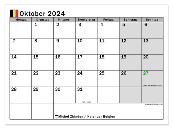 Kalender Oktober 2024 “Belgien”. Kalender zum Ausdrucken kostenlos.. Montag bis Sonntag