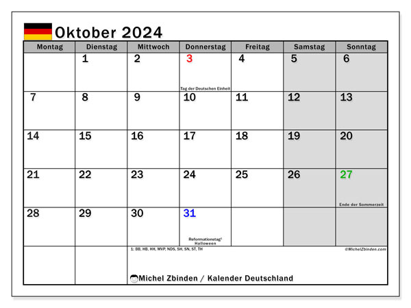 Calendario ottobre 2024, Germania (DE). Programma da stampare gratuito.