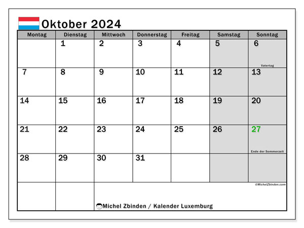 Kalender Oktober 2024 “Luxemburg”. Plan zum Ausdrucken kostenlos.. Montag bis Sonntag