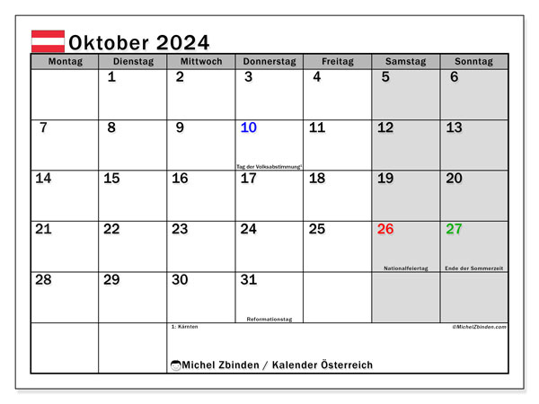 Kalender Oktober 2024 “Österreich”. Plan zum Ausdrucken kostenlos.. Montag bis Sonntag