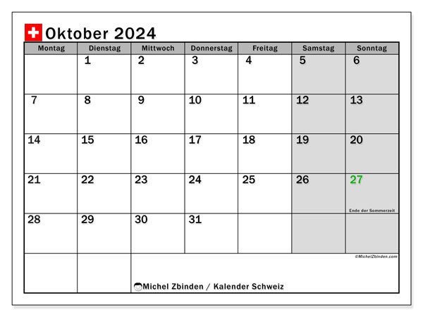 Kalender Oktober 2024 “Schweiz”. Plan zum Ausdrucken kostenlos.. Montag bis Sonntag