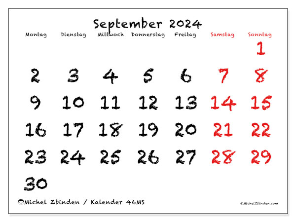 Kalender September 2024, 46MS. Plan zum Ausdrucken kostenlos.
