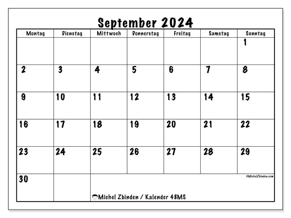 Kalender September 2024, 48SS. Plan zum Ausdrucken kostenlos.