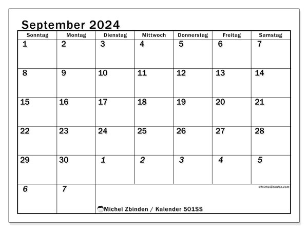 Kalender September 2024, 501SS. Plan zum Ausdrucken kostenlos.