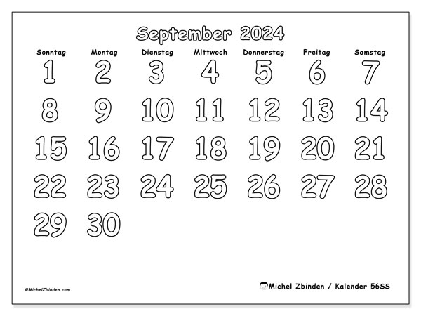 Kalender September 2024, 56SS. Plan zum Ausdrucken kostenlos.