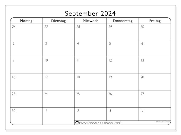 Kalender September 2024, 74SS. Plan zum Ausdrucken kostenlos.