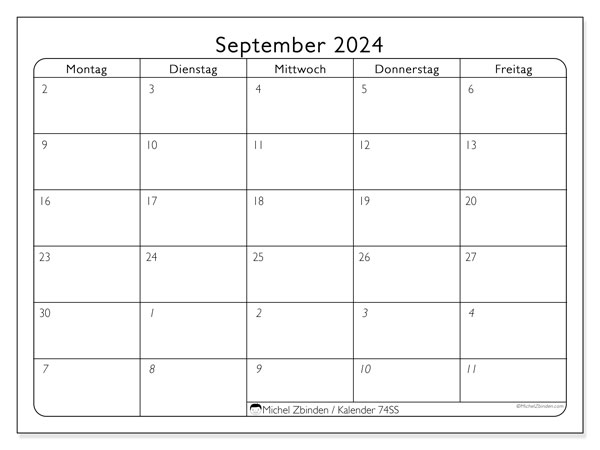 Kalender September 2024, 74SS. Plan zum Ausdrucken kostenlos.