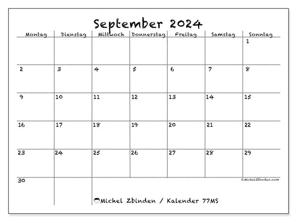 Kalender September 2024, 77SS. Plan zum Ausdrucken kostenlos.