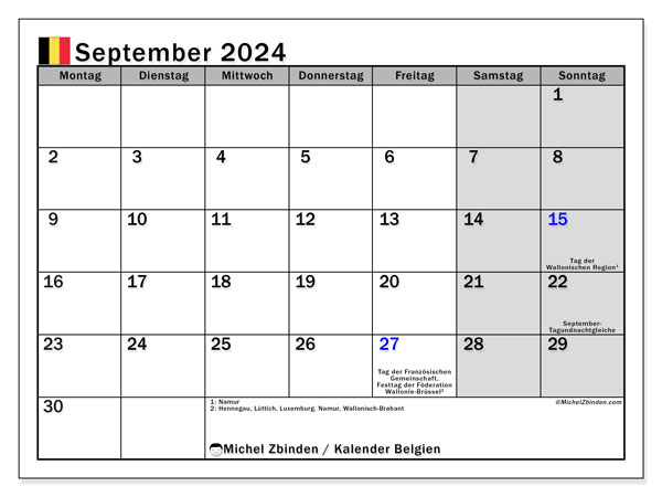 Calendario settembre 2024, Belgio (DE). Programma da stampare gratuito.