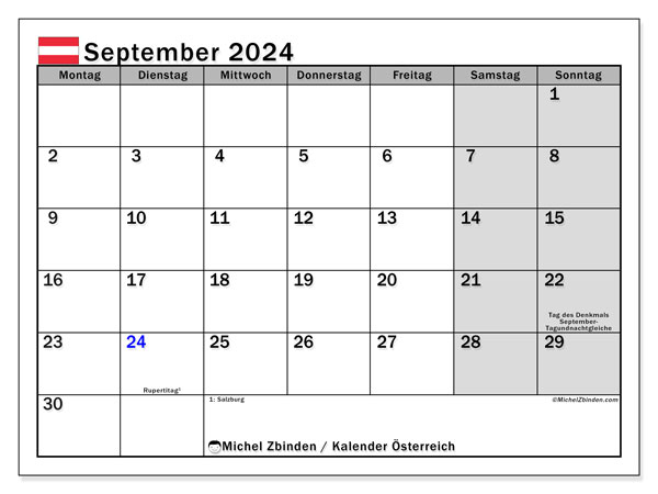 Calendario settembre 2024, Austria (DE). Programma da stampare gratuito.