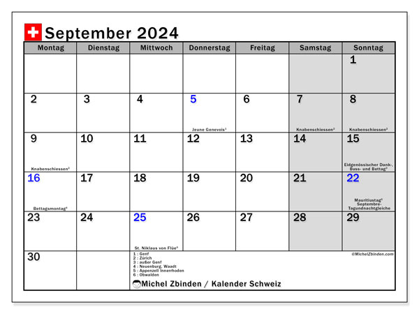 Kalender September 2024, Schweiz. Plan zum Ausdrucken kostenlos.