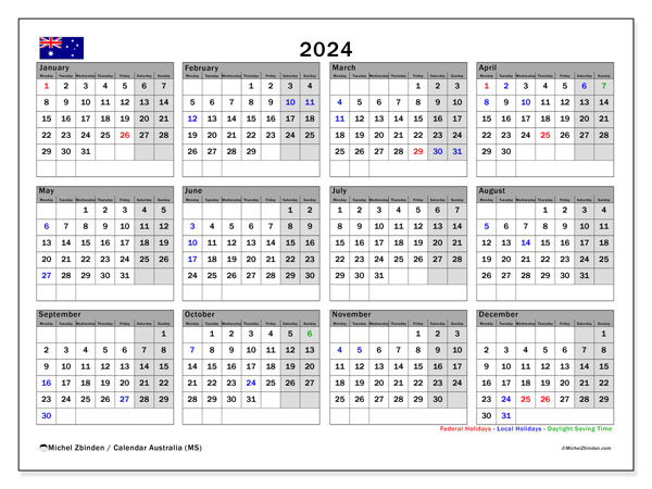 Kalender 2024, Australien (EN). Plan zum Ausdrucken kostenlos.