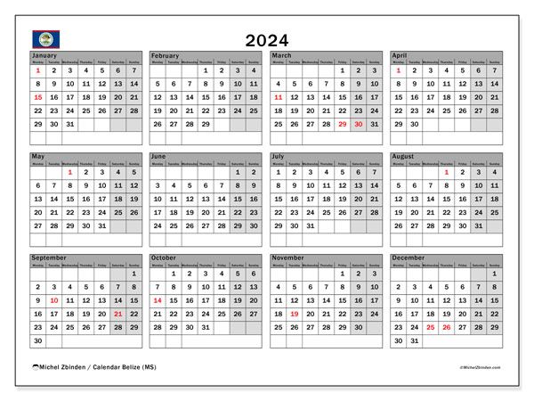 Kalender 2024, Belize (EN). Plan zum Ausdrucken kostenlos.