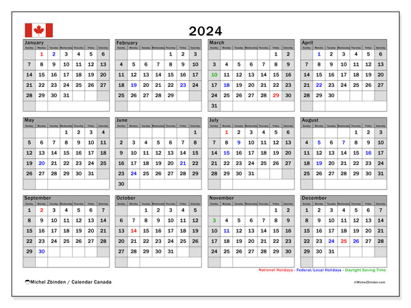 Kalender 2024, Kanada (EN). Plan zum Ausdrucken kostenlos.
