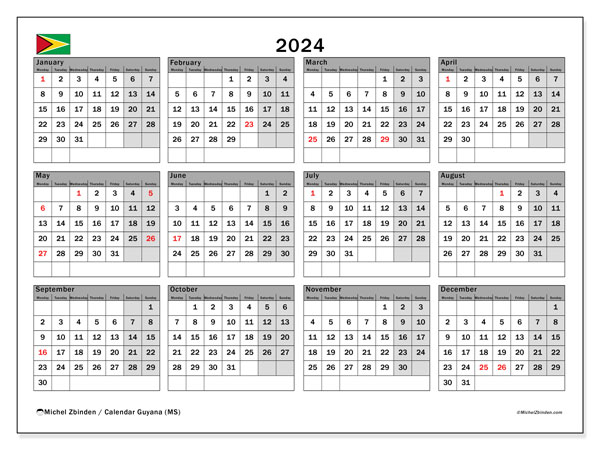 Calendario 2024, Guyana (EN). Orario da stampare gratuito.
