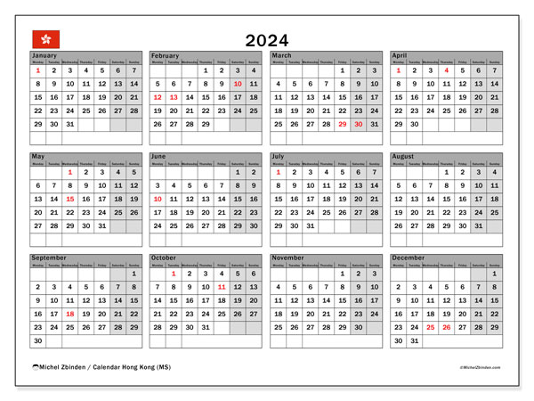 Kalender 2024, Hongkong (EN). Plan zum Ausdrucken kostenlos.