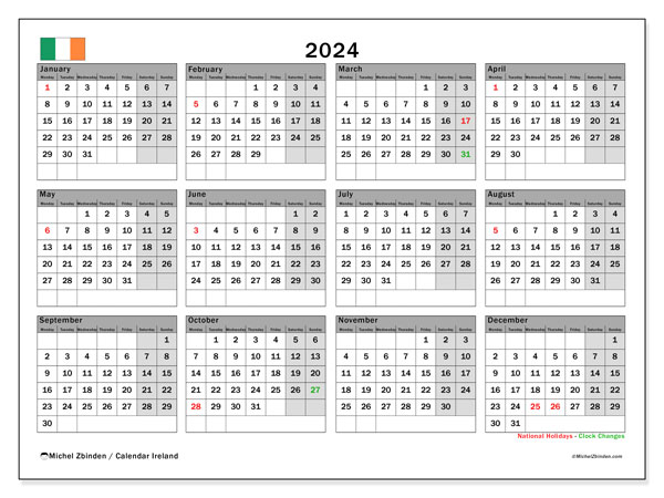 Calendario 2024, Irlanda (EN). Orario da stampare gratuito.