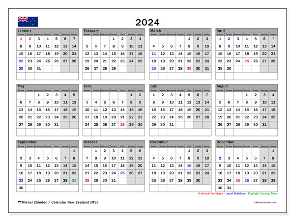 Calendario 2024, Nuova Zelanda (EN). Orario da stampare gratuito.