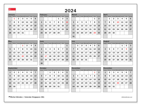 Kalender 2024, Singapur (EN). Plan zum Ausdrucken kostenlos.