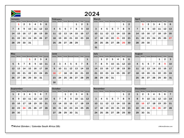Kalender 2024, Südafrika (EN). Plan zum Ausdrucken kostenlos.