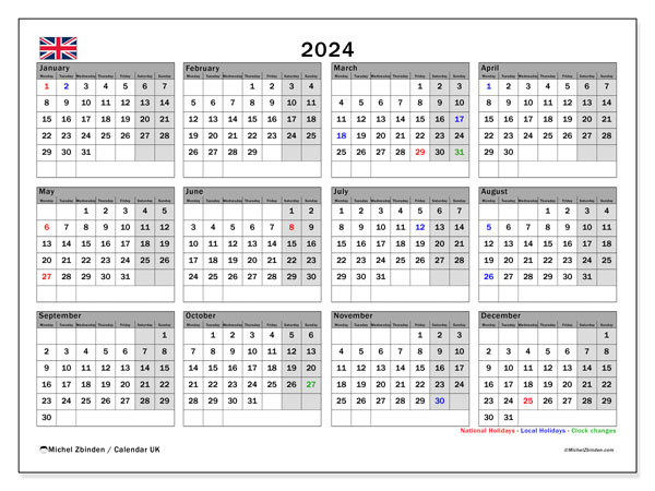 Calendario 2024, Regno Unito (EN). Orario da stampare gratuito.
