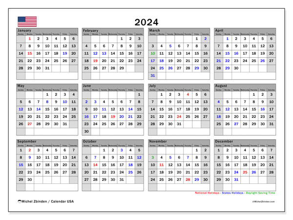 Kalender 2024, USA (EN). Plan zum Ausdrucken kostenlos.