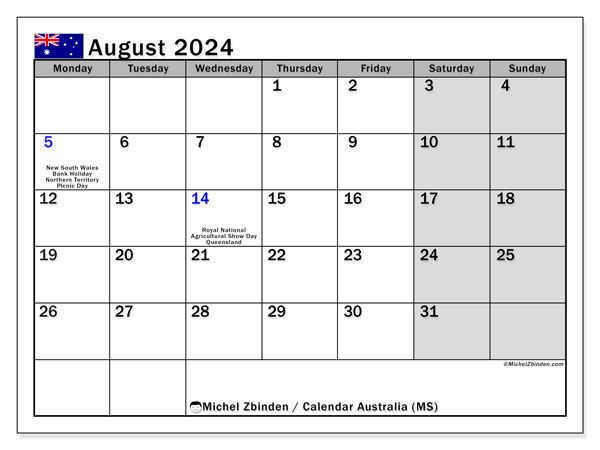 Calendario agosto 2024, Australia (EN). Calendario da stampare gratuito.